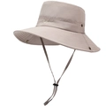 Détail d'un chapeau de soleil kaki à séchage rapide avec broderie et cordon réglable - Beige Foncé