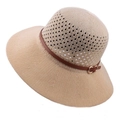 Chapeau de soleil élégant beige en paille tressée avec ruban en cuir marron décoratif - Taille unique / Beige