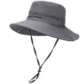 Detail of dark grey sun hat featuring metal vents, adjustable chin strap and outdoor fabric - Medium Grey
