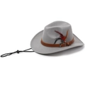 Chapeau de cowboy en feutre gris avec ceinture en cuir, plumes et mentonnière réglable - Taille Unique 57cm / Gris