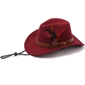 Classic burgundy wool felt cowboy hat with leather band, feather trim, and chin strap - One Size 57cm / Burgundy