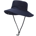 Close-up of navy blue waterproof nylon sun hat featuring embroidered Outdoor text and chin cord - Blue