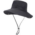 Detail of adjustable windproof rope and Outdoors embroidery on black wide brim sun hat - Black