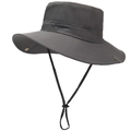 Detail of dark grey sun hat featuring Outdoors embroidery and adjustable windproof rope - Dark Gray