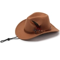 Detail of western fedora hat featuring leather band with feather and adjustable chin strap - One Size 57cm / Caramel