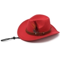 Détail d'un chapeau de cowboy rouge en feutre avec bande en cuir et décor de plumes - Taille Unique 57cm / Rouge