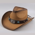 Detail van vintage strooien cowboyhoed met stierenkopgesp en accenten van turkoois edelsteen - Eén Maat 58cm / Edelsteen Stierenkop (Edelsteen Stierenkop Stijl)