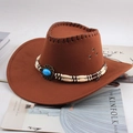 Chapeau de cowboy vintage marron à large bord avec perles ethniques et pierre turquoise bleue - Décoration Longues Perles / Café clair