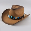 Detail van bruine strooien cowboyhoed met turquoise kralenband en fijne weefstructuur - Eén Maat 58cm / Kralen (Kralen Stijl)