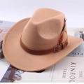 Camel felt cowboy hat featuring a dark brown leather belt and colorful feather detail - One Size 57cm / Camel