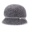 Grey winter knit bucket hat for elderly women with warm faux fur and golden bow detail - One Size / Gray
