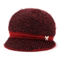 Winter knit bucket hat for elderly women with red-black fuzzy texture and pearl bow detail - One Size / Burgundy