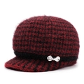 Women's warm knit visor hat in red and black plaid with a metallic bow detail - 56-59cm / Burgundy