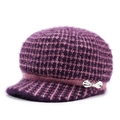 Donkerpaarse geruite gebreide wintermuts voor dames met fleecevoering en zilveren strik - 56-59cm / Paars