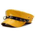 Detail of yellow PU leather newsboy cap featuring black band and silver metal studs - One Size 57-58cm / Large Buckle Rivet Style (大扣带铆钉黄色) / Yellow
