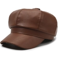 Detail view of dark brown leather baker boy hat showing textured panels and fine stitching - One Size 57-58cm / Newsboy Cap Coffee