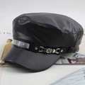 Detail view of black PU leather baker boy hat with rhinestones and metal buckle - One Size 57-58cm / Rhinestone Decor Style (带钻黑色) / Black