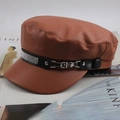Detailed shot of brown PU leather newsboy hat with silver rhinestone trim and metal buckle - One Size 57-58cm / Rhinestone Decor Style (带钻咖啡) / Coffee