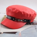 Detail of red PU leather baker boy hat with rhinestone strap and silver buckle accents - One Size 57-58cm / Rhinestone Decor Style (带钻大红) / Red