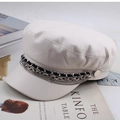 Close-up of beige PU leather newsboy hat with layered metal chains on fashion magazines - One Size 57-58cm / Rhinestone Decor Style (带钻米色) / Beige