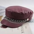Close-up of burgundy PU leather baker boy hat with multi-layered silver metal chains - One Size 57-58cm / Multi-layer Double Chain Style (双链条酒红) / Burgundy
