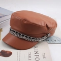Detail view of brown PU leather beret with silver chain accents on a magazine - One Size 57-58cm / Multi-layer Double Chain Style (双链条咖啡) / Coffee