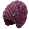 Deep purple winter knit hat for elderly women featuring warm ear protection and pearl bow - Purple
