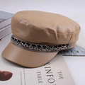 Detail of khaki leather newsboy cap with triple silver chain decor on soft light background - One Size 57-58cm / Multi-layer Double Chain Style (双链条卡其) / Khaki