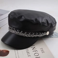 Detailed macro view of black PU leather baker boy hat with silver double chain decoration - One Size 57-58cm / Multi-layer Double Chain Style (双链条黑色) / Black