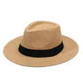 Classic straw cowboy hat with black decorative band and flat brim for summer sun protection - One Size 58cm / Khaki With Woven Band