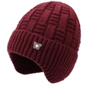 Winter wine red knitted ear protection hat for elderly women with pearl butterfly emblem - Dark Red