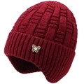 Detail of red cable knit winter hat with decorative pearl butterfly metal buckle - Red
