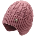 Close-up of pink knit hat with butterfly metal buckle and pearl decoration - Pink