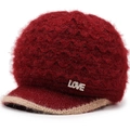 Women's deep red knitted beanie with short brim, thick warm winter hat for seniors - Red
