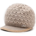 Gorro de punto de invierno caqui para mujer con textura suave y placa LOVE de diamantes imitación - Gris Beige