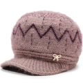 Elegant mauve winter knit hat for elderly women with warm fleece lining and pearl bow - One Size (56-60cm) / Dust Rose