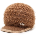 Winter brown knitted hat for women featuring a short brim and sparkling LOVE rhinestone decor - Brown