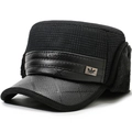 Winter men's flat top cap with gray plaid fabric, ear flaps, and warm thick padding - Leather Trim Flat Top Large Grid