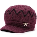 Deep purple winter knit hat with fleece lining, wavy patterns, and pearl bow detail - One Size (56-60cm) / Light Purple