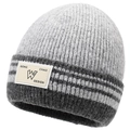 Grijze geribbelde wollen muts met vintage lederen patch voor winterse warmte - Eén maat / Grijs