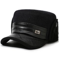 Men's winter flat top hat with warm earflaps and leather brim in black wool - Leather Trim Flat Top Small Check