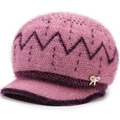 Winter knitted visor hat for women with fleece lining and elegant pearl bow detail - One Size (56-60cm) / Pink