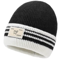 Dikke gebreide wintermuts met zwart-wit kleurblokken en een kunstlederen patch - Eén maat / Zwart