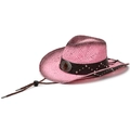Pink woven straw cowboy hat with leather band, silver studs and adjustable chin strap - One Size 58cm / Pink