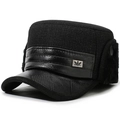 Winter black flat top warm earflap hat for elderly men with faux fur lining and leather trim - Leather Trim Flat Top Fine Grid