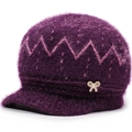 Deep purple winter knit hat for elderly women with plush lining and bow accent - One Size (56-60cm) / Deep purple
