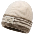 Gestreepte gebreide muts in crème en bruin met warme fleecevoering en een logopatch - Eén maat / Beige