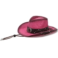 Rose pink woven western cowboy straw hat with turquoise buckle and adjustable chin strap - One Size 58cm / Rose Red
