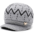 Grey knit winter hat for women with ear protection and a gold bow pearl detail - One Size (56-60cm) / Gray