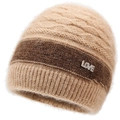Dames wintergebreide muts in tweekleurig bruin met modieuze LOVE-metalen gesp en strass - Elastisch 56-59cm / Khaki